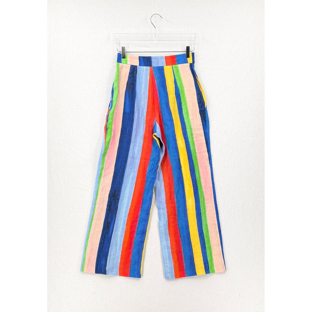 MARA HOFFMAN Rainbow Stripe Wide Leg Pants Women 4 Linen Tie Waist High Rise - Picture 5 of 15